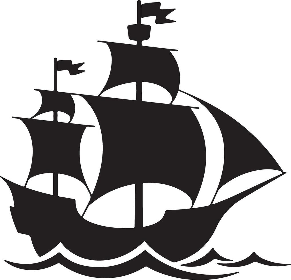 Black Silhouette of a Three Masted Sailing Ship on the Ocean Waves Simple Nautical Vessel Graphic Illustration vector