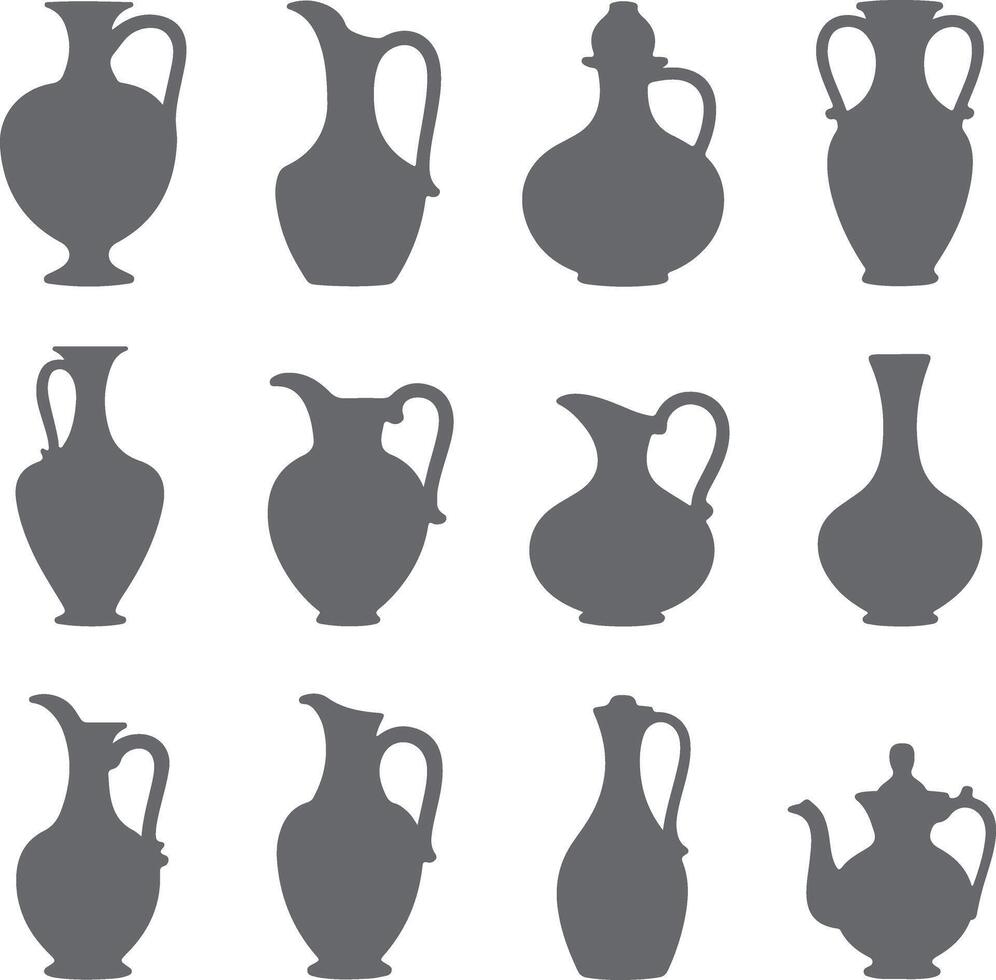 Twelve Gray Silhouette Jugs Pitchers and Vases Collection Various Shapes and Sizes Simple Pottery Design Elements Gray Scale Icons vector
