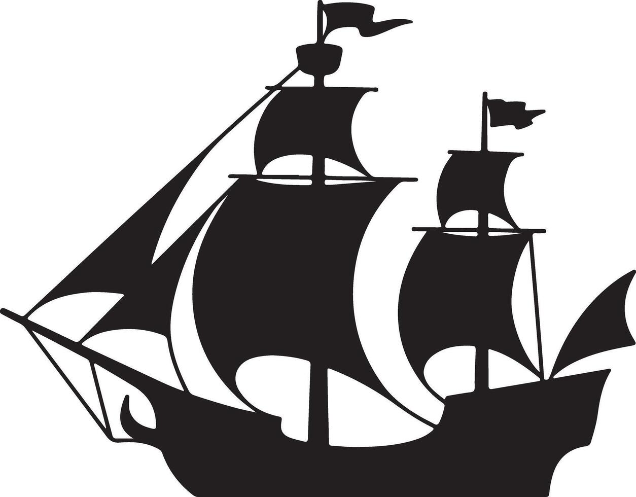 Black Silhouette of a Three Masted Galleon Sailing Ship with Flags Detailed Illustration Nautical Vessel Graphic Design Element vector