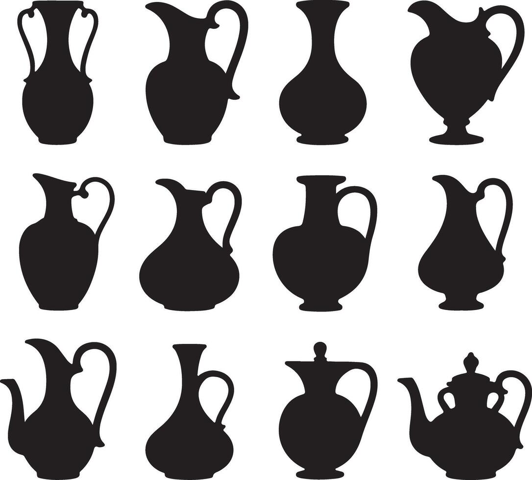 Twelve Black Silhouettes of Vintage Pitchers and Jugs Various Shapes and Sizes Classic Pottery Designs Home Decor Elements Kitchenware vector