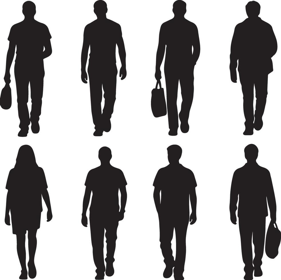 Eight Black Silhouettes of People Walking Carrying Bags Some Facing Forward Others Backwards on White Background vector