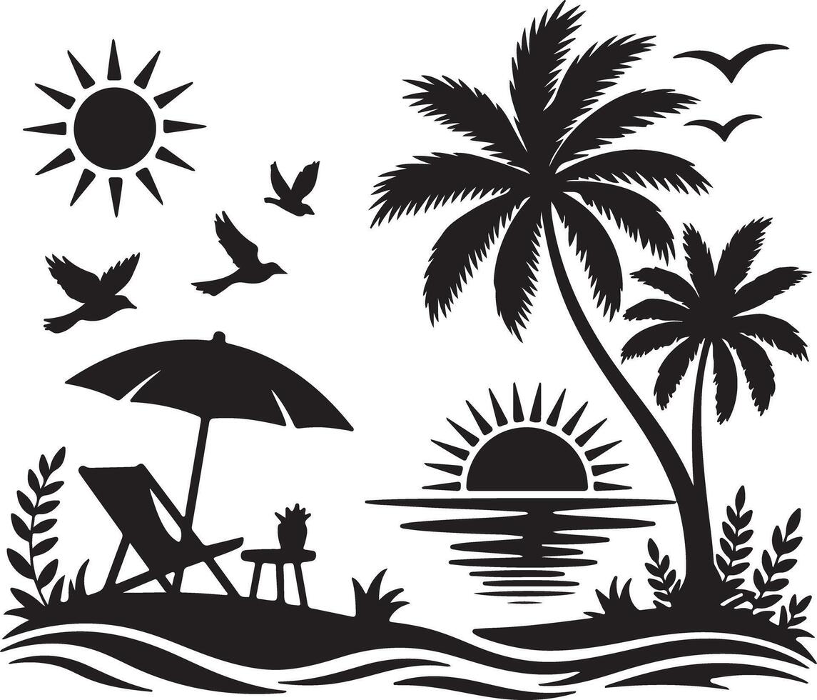 Black Silhouette Tropical Beach Scene Sunset Palm Trees Birds Sun Umbrella Beach Chair Plants Ocean Waves vector