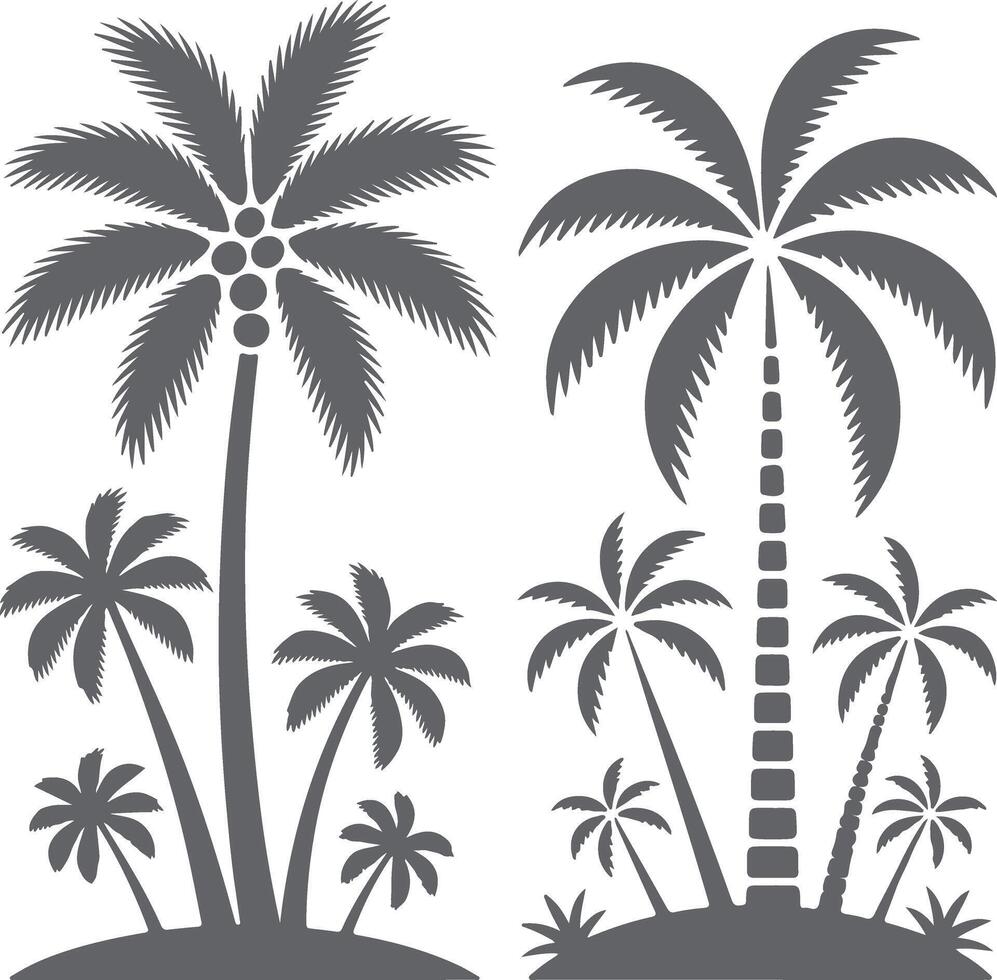 Gray Silhouette Tropical Palm Trees Island Scene Illustration Two Large Palm Trees Smaller Palms Coconuts Simple Design Graphic vector