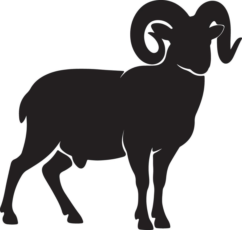 Black Silhouette of a Ram Standing Profile View Large Curly Horns Strong Muscular Body Farm Animal Wildlife Graphic Design Element vector