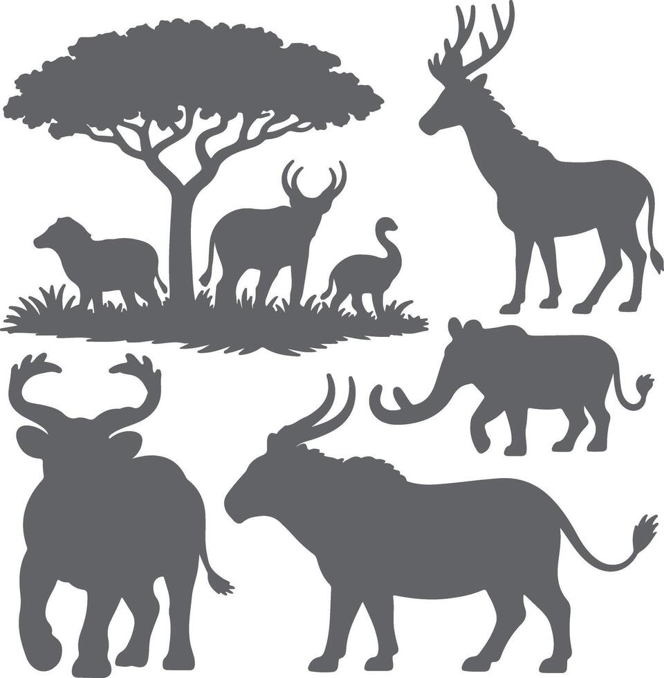 Gray Silhouette Collection of Prehistoric and Modern Animals African Savanna Setting Tree Background Various Horned Mammals Extinct Creatures vector