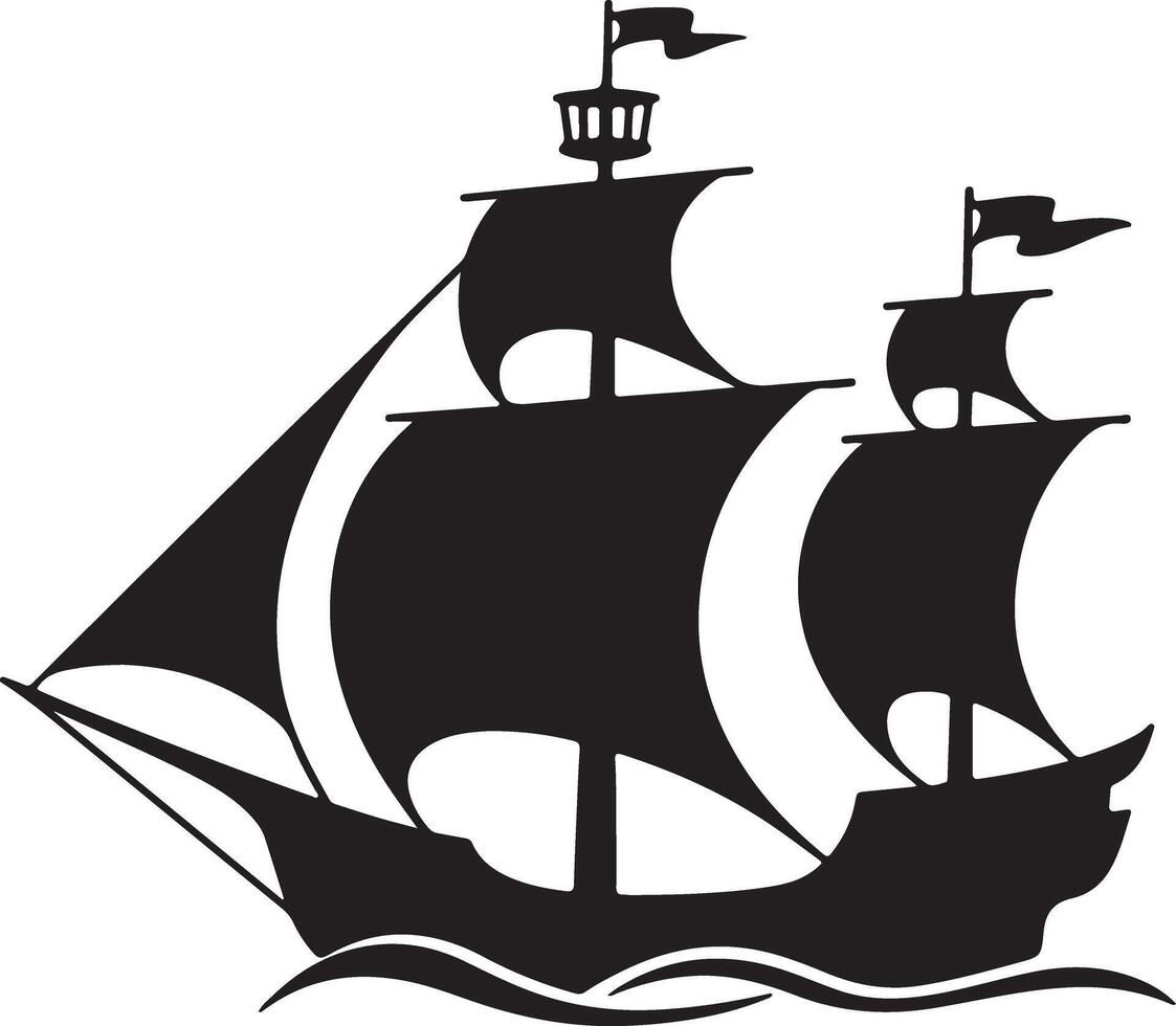 Black Silhouette of a Three Masted Sailing Ship on White Background Nautical Vessel Ocean Sailing Boat Icon Graphic Design Element vector