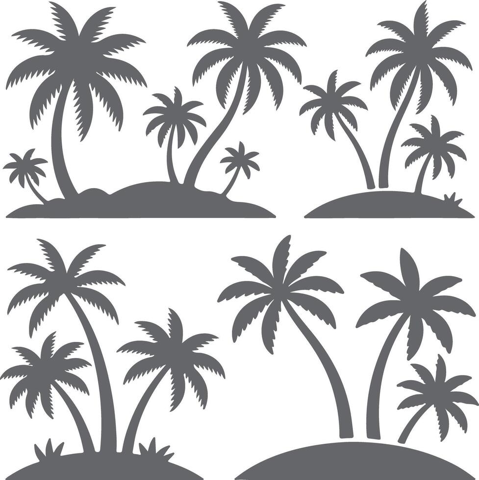 Gray Silhouette Palm Trees on Small Islands Tropical Scene Illustration Set Graphic Design Element vector