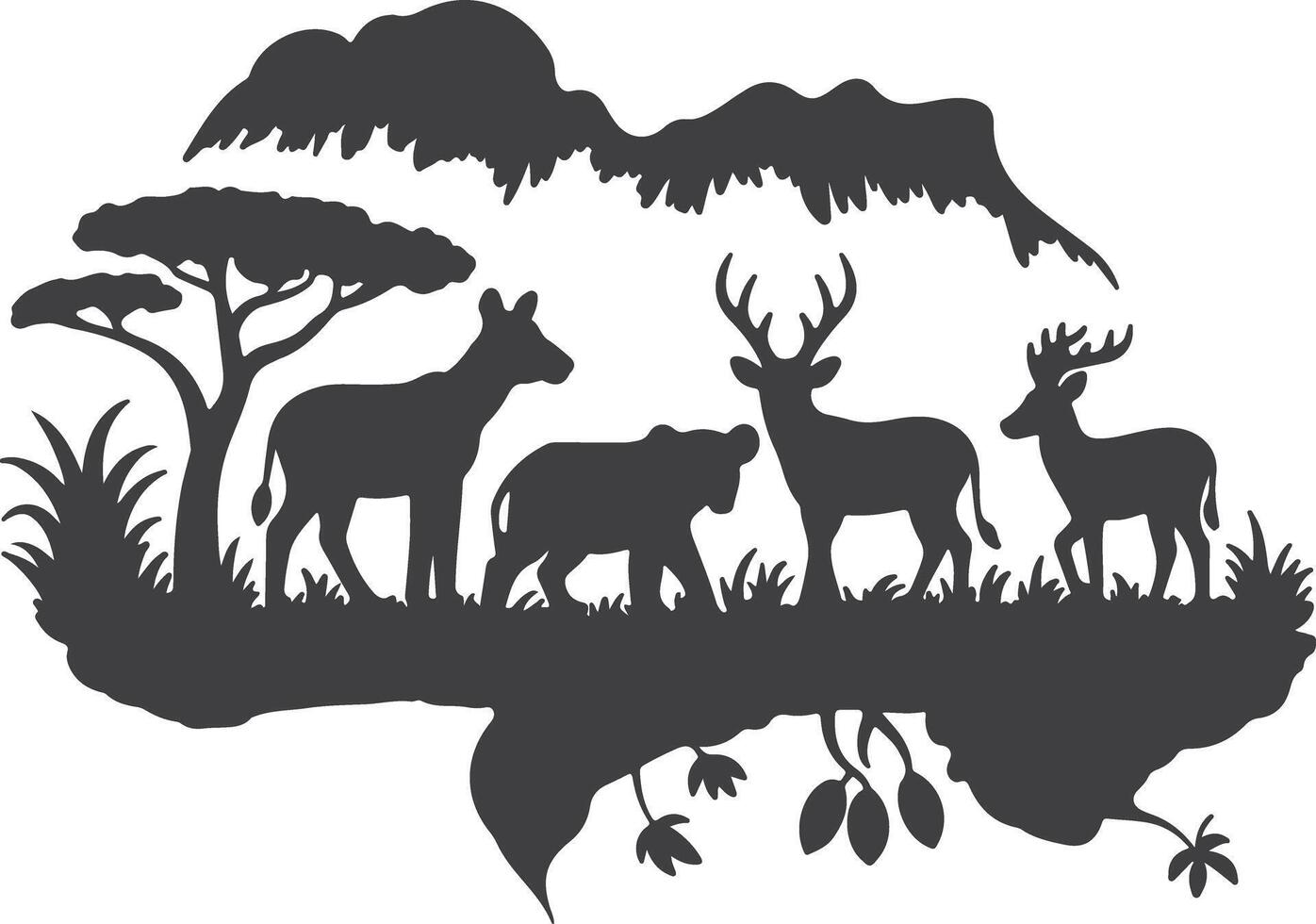Dark Gray Silhouette of African Animals in Savanna Landscape with Trees and Grass Silhouette Illustration vector