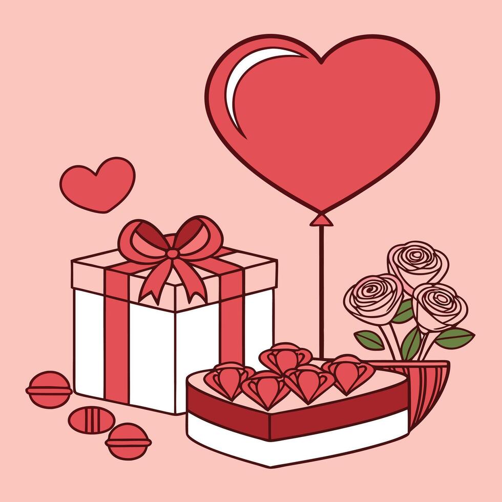 Valentine s Day Illustration with Heart Balloon Gift Box Cake and Roses vector