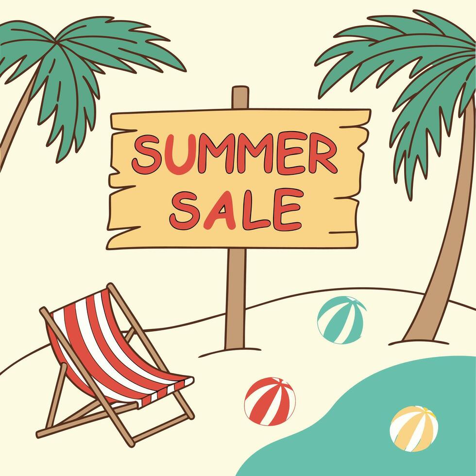 Summer Sale Sign with Beach Chair Palm Trees and Beach Balls vector
