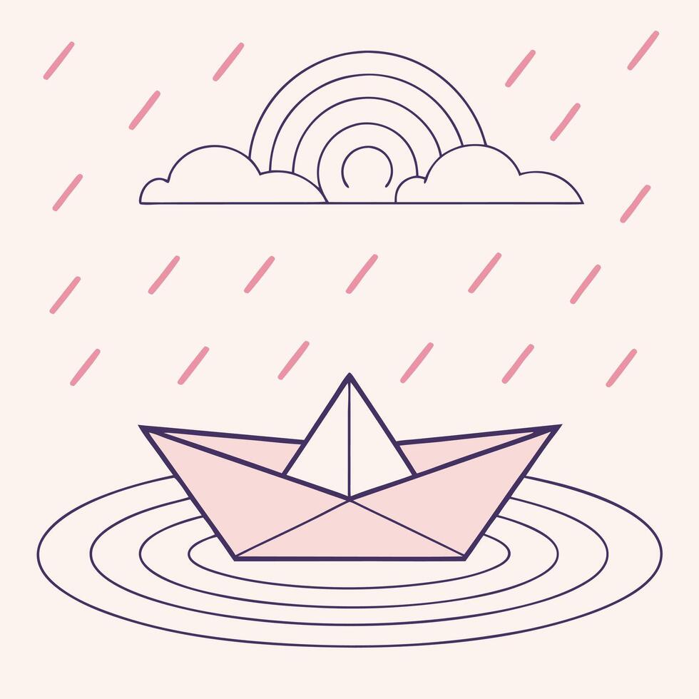 Pink paper boat under a rainbow with rain illustration vector