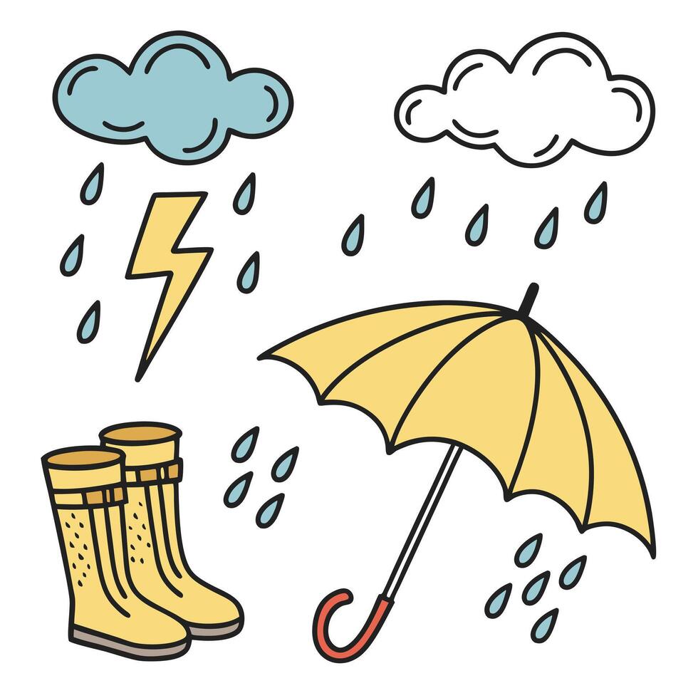 Cartoon Rain Illustration with Clouds Lightning Umbrella and Rain Boots vector