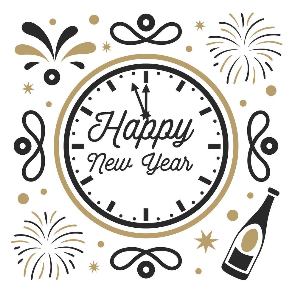 Happy New Year Clock Fireworks and Champagne Bottle Illustration vector