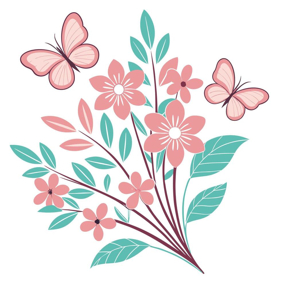 Pink flowers and butterflies with teal leaves illustration on white background vector