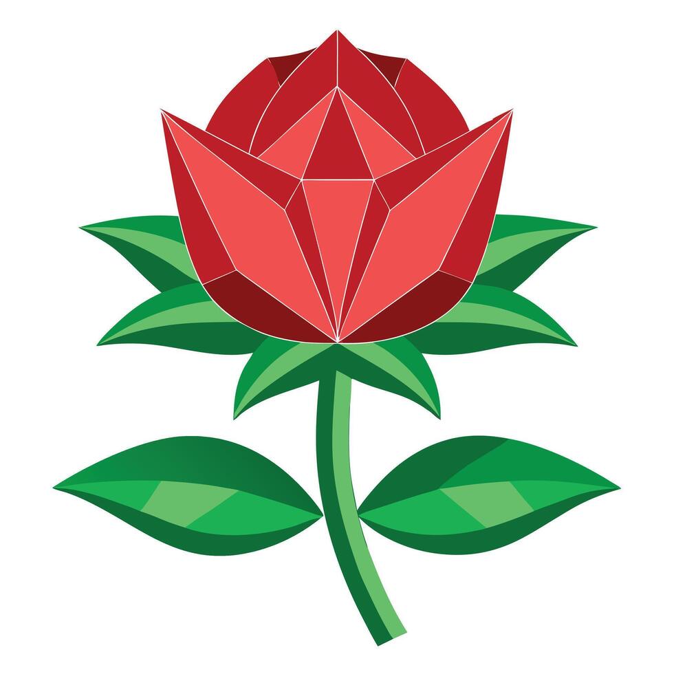 Geometric Red Rose with Green Leaves and Stem flower vector