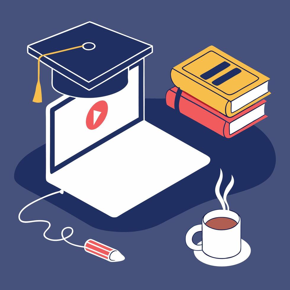Online Education Concept with Laptop Graduation Cap Books and Coffee vector