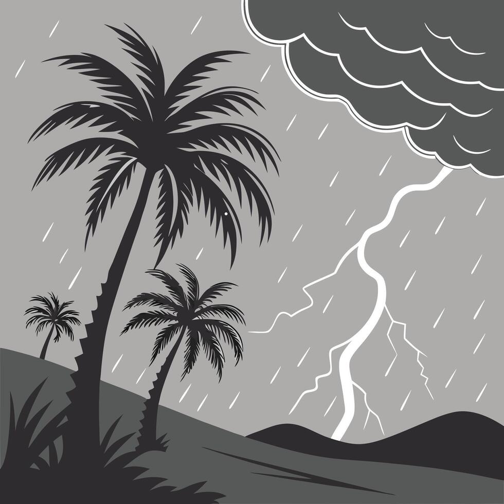 Palm Trees and Stormy Weather Illustration rain lightning vector