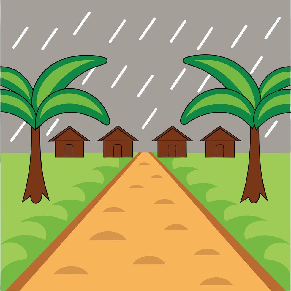 Cartoon Illustration of a Rainy Day Scene with Houses and Palm Trees vector