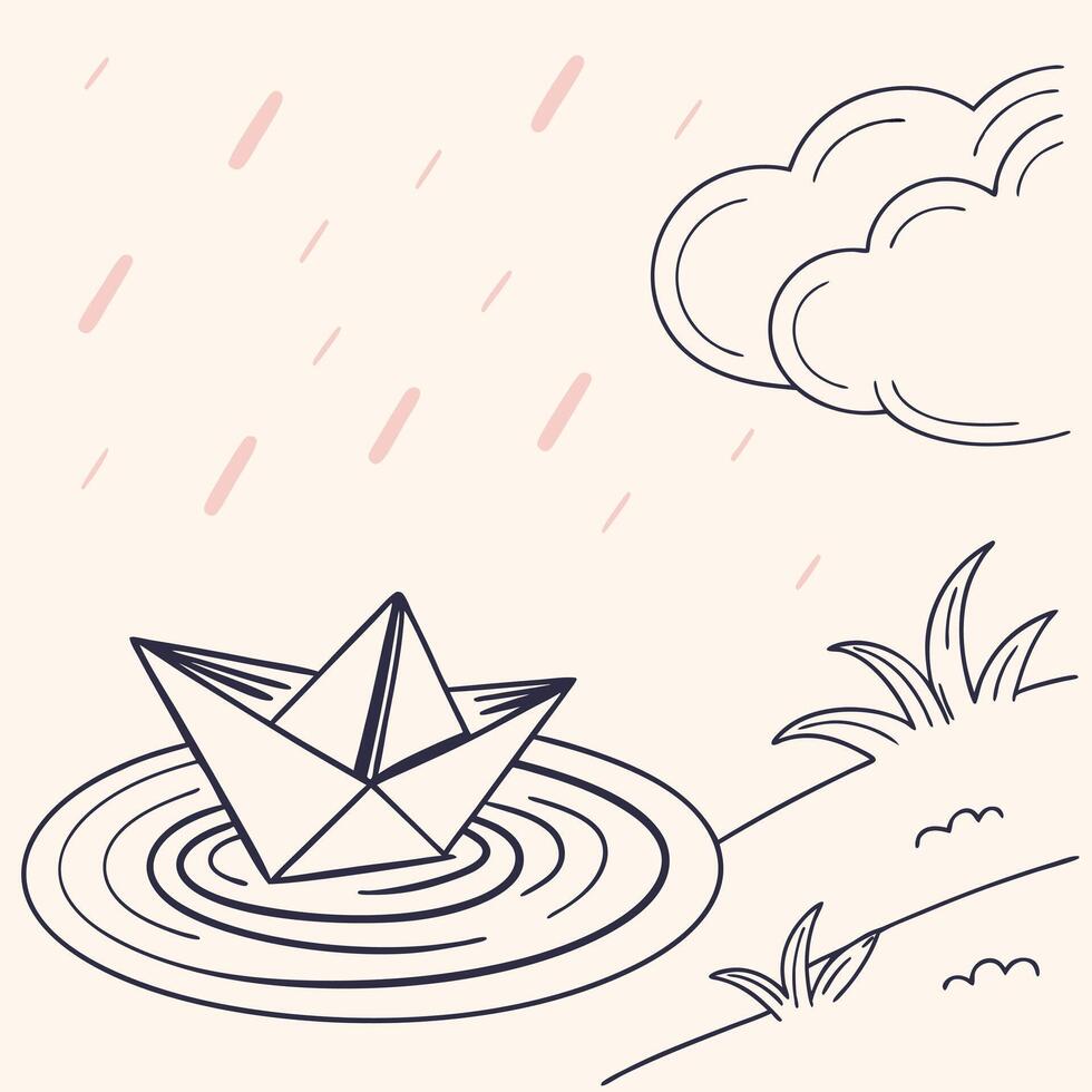 Paper Boat Floating in Rain with Cloud and Grass Illustration vector