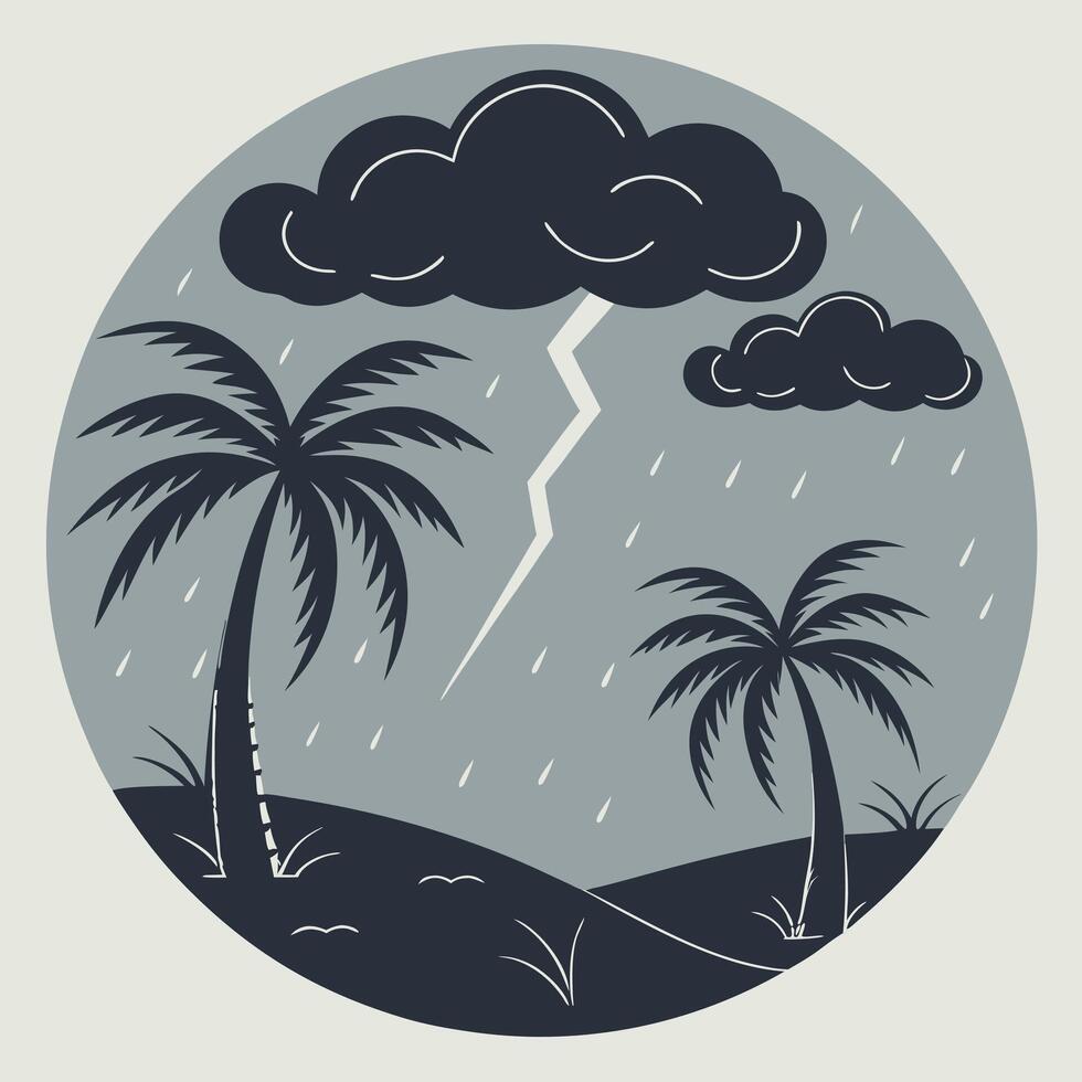 Stormy Tropical Scene with Palm Trees and Lightning in a Circle vector