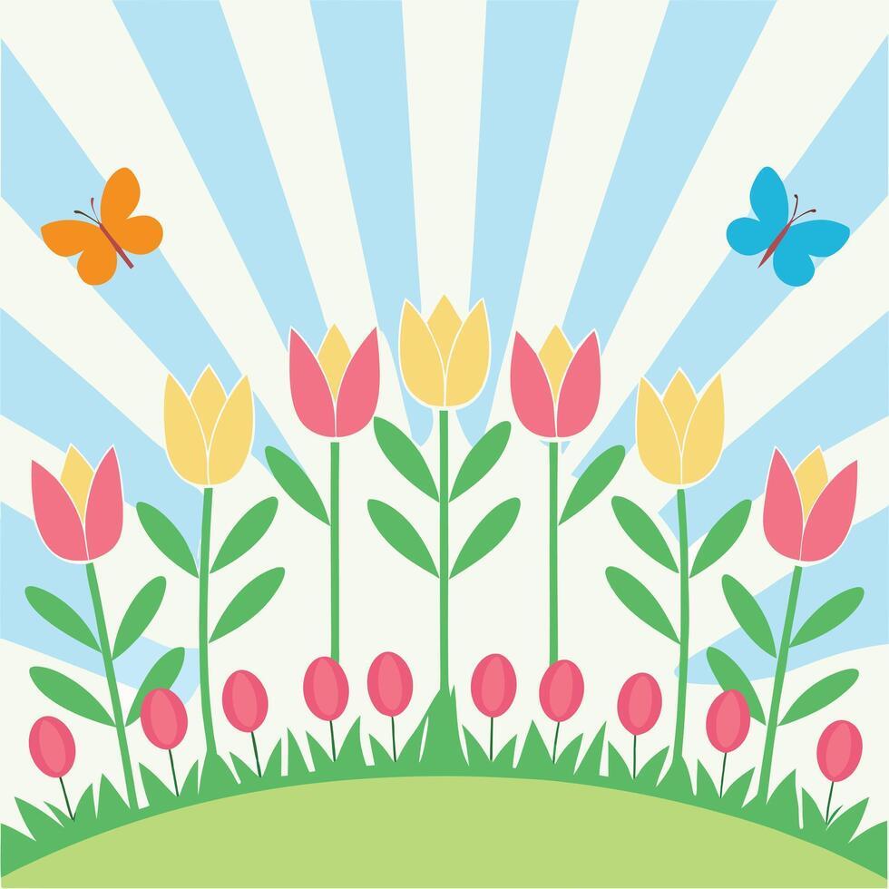 Cartoon tulips and butterflies against a blue and white striped background vector
