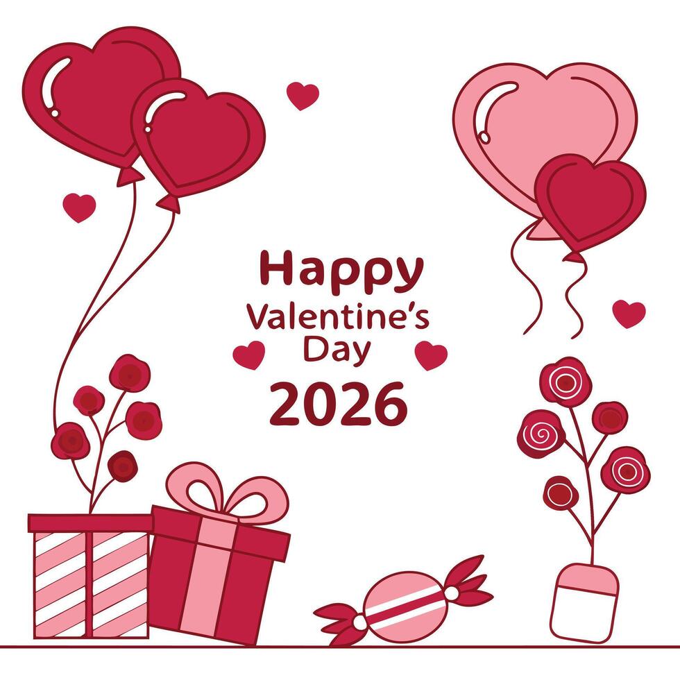 Valentine s Day 2026 Illustration with Heart Balloons Gifts and Candy vector