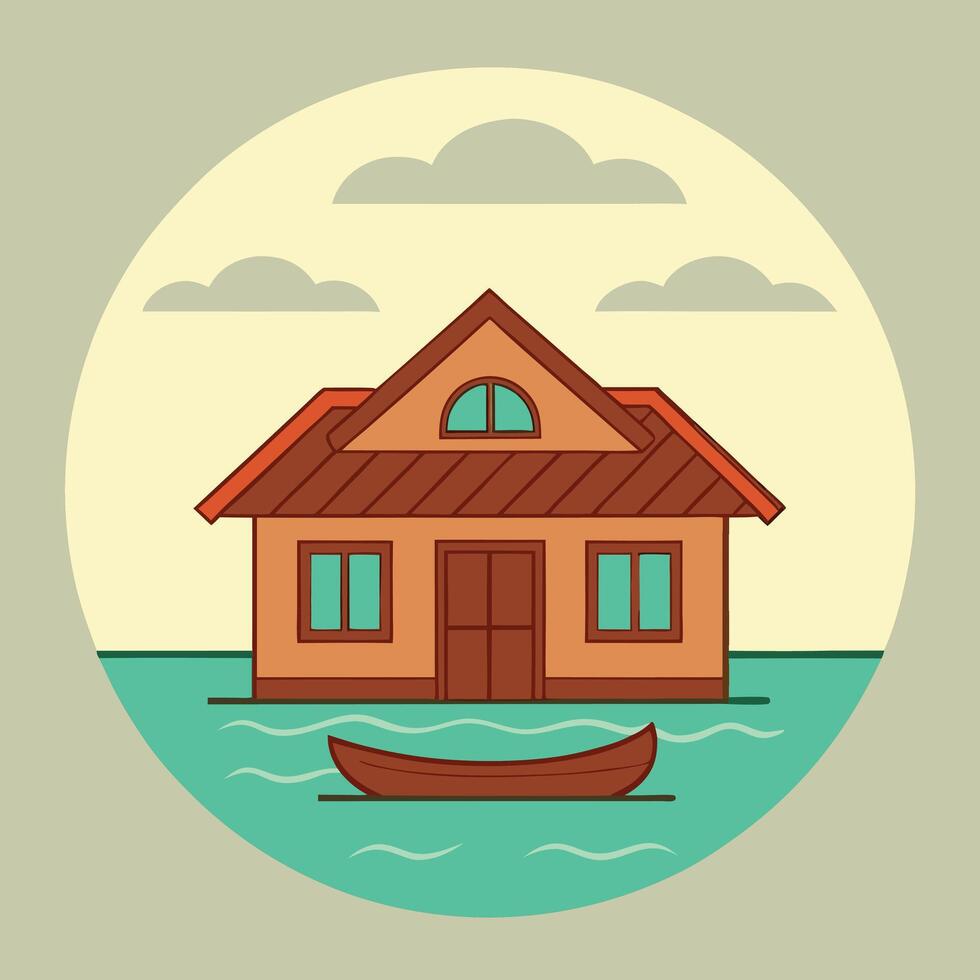 Cartoon House with Boat on Water Under Cloudy Sky clouds vector
