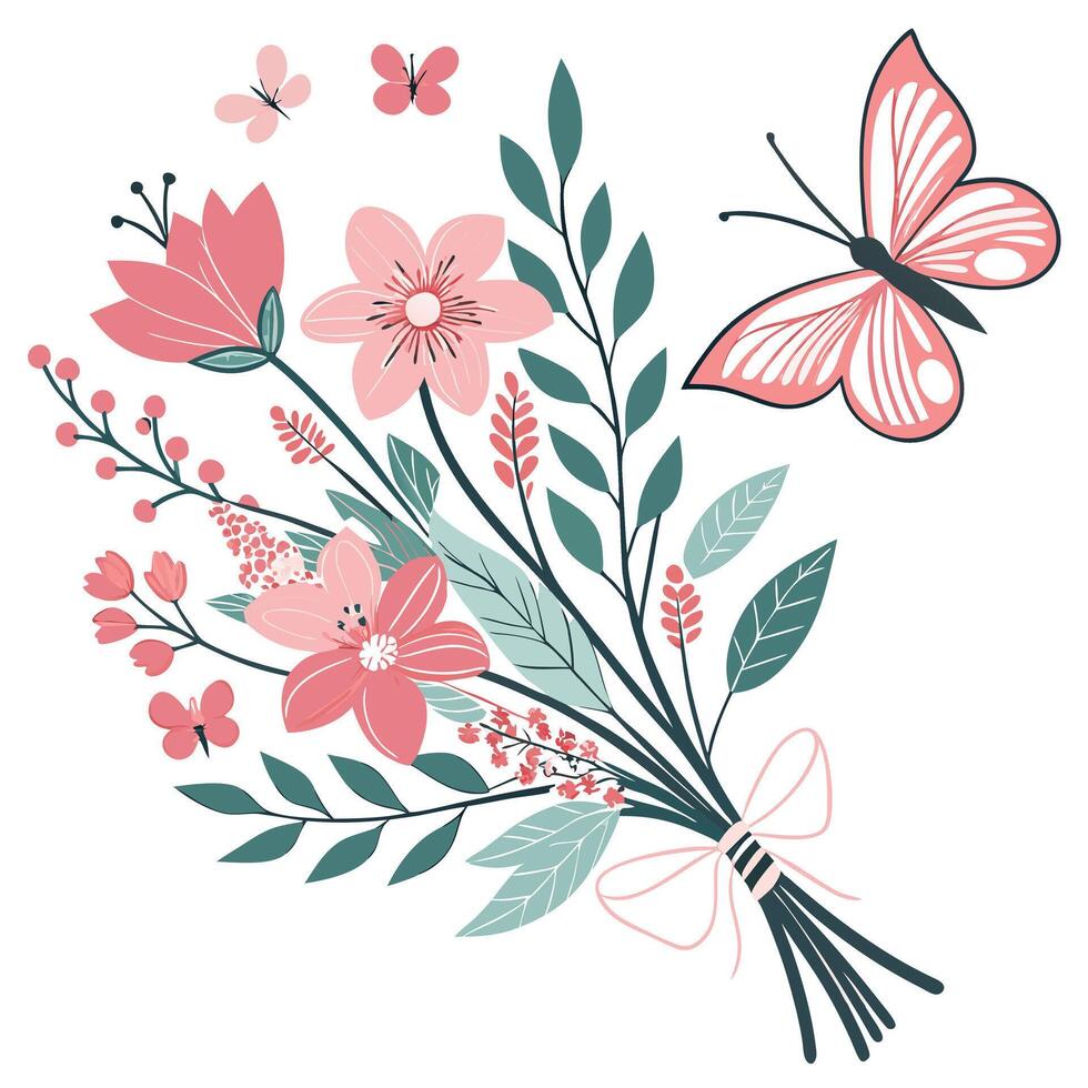 Floral Bouquet with Butterflies in Pink and Teal on White Background vector