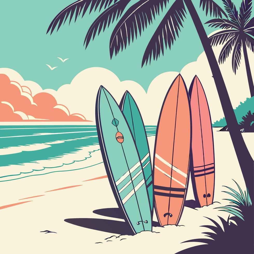 Surfboards on Beach with Palm Trees and Ocean sand vector