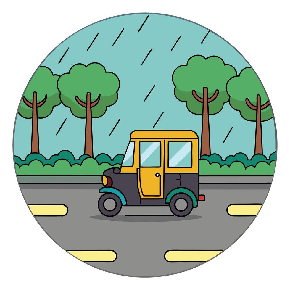Cartoon Illustration of an Auto Rickshaw in the Rain vector
