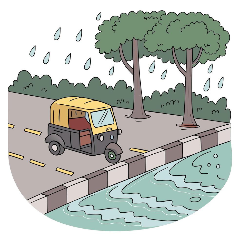 Auto rickshaw on a rainy street vector