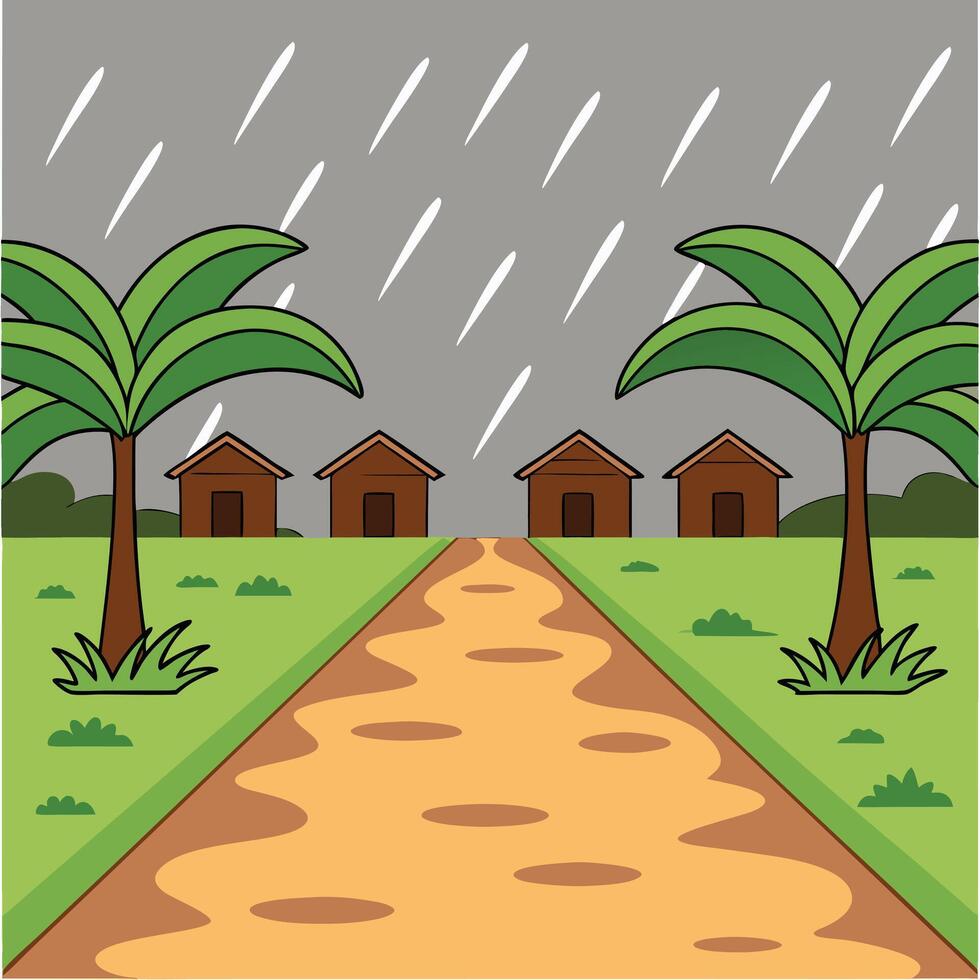 Cartoon illustration of a rainy day with houses palm trees and a path vector