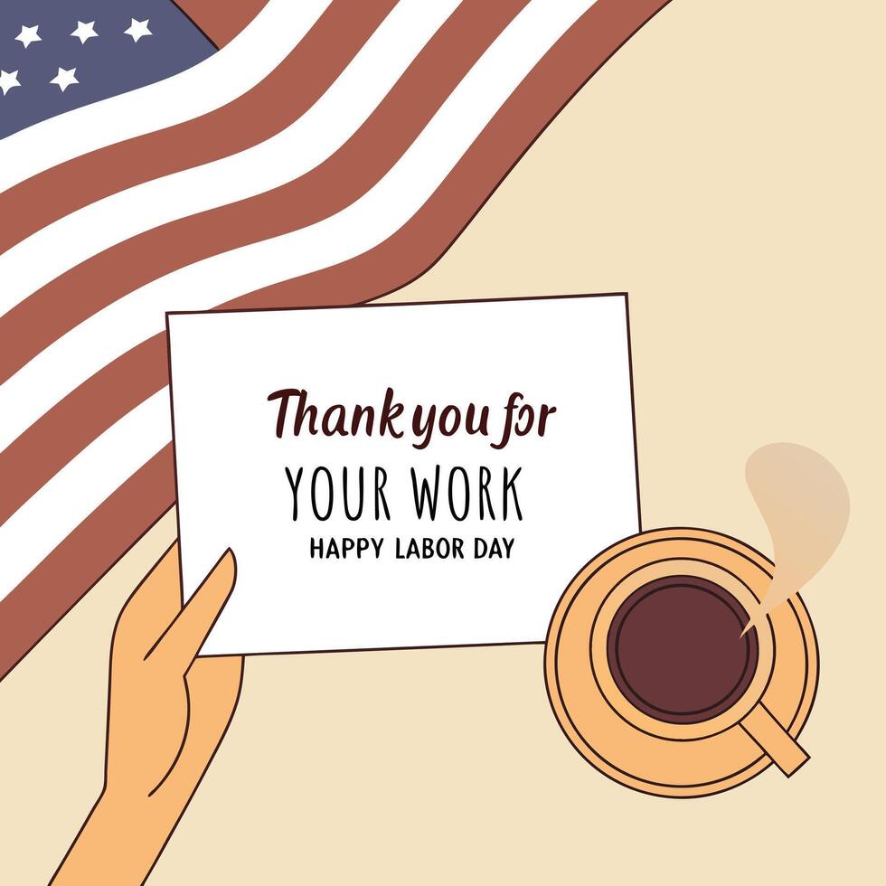 Labor Day Greeting with American Flag Coffee and Thank You Note vector