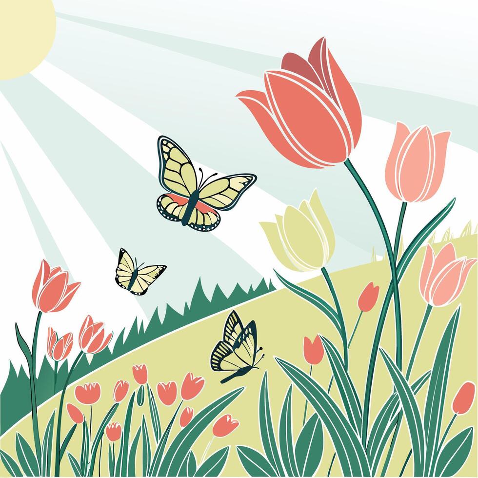 Colorful Tulip Garden with Flying Butterflies and Sun Rays vector