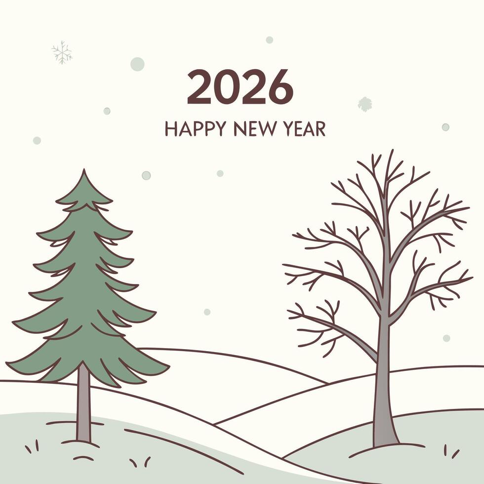 Winter Landscape Illustration with 2026 Happy New Year Text and Trees vector