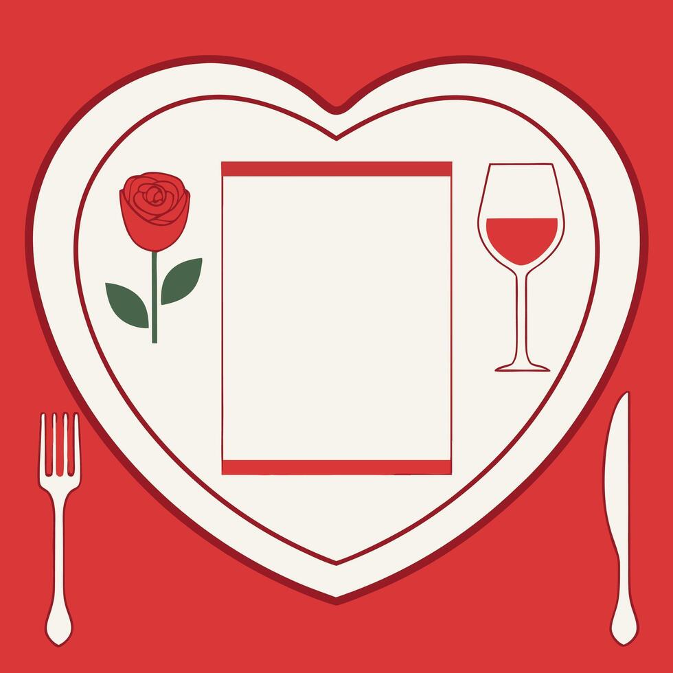 Valentine s Day Dinner Setting with Rose Wine Glass and Utensils vector