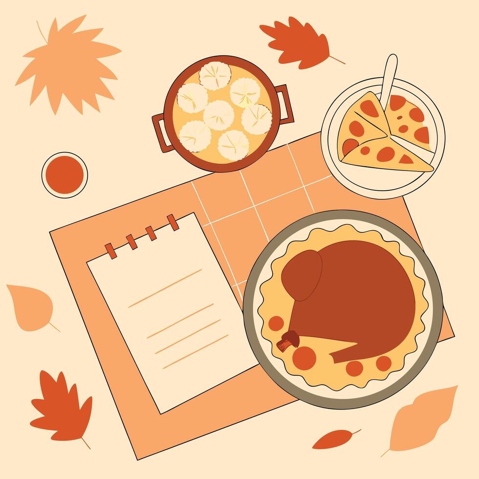 Autumnal Food Illustration with Pizza Dumplings and Roasted Turkey vector