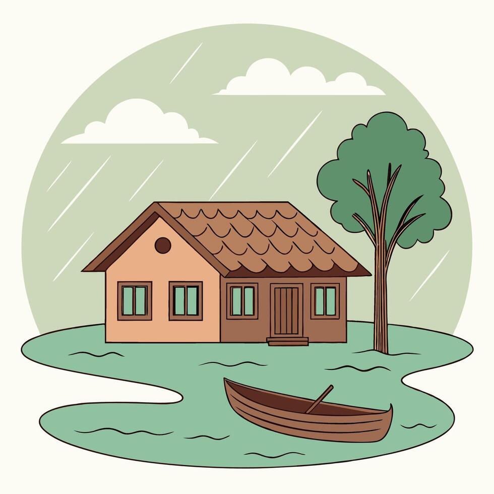 Illustration of a Flooded House with a Boat and Tree in the Rain vector