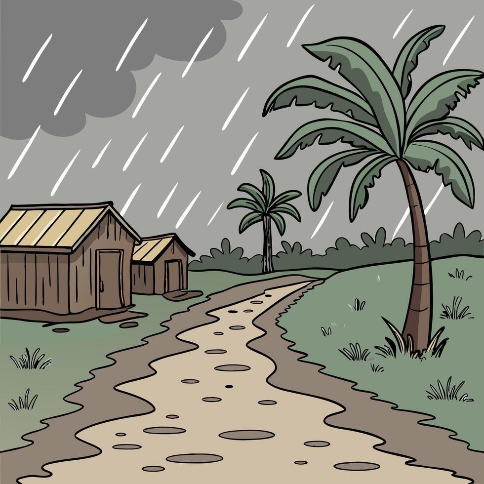 Cartoon Illustration of Rainy Scene with Palm Trees and Muddy Road vector