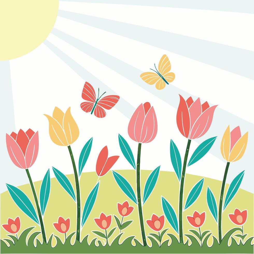 Colorful tulip field with butterflies and sun illustration vector