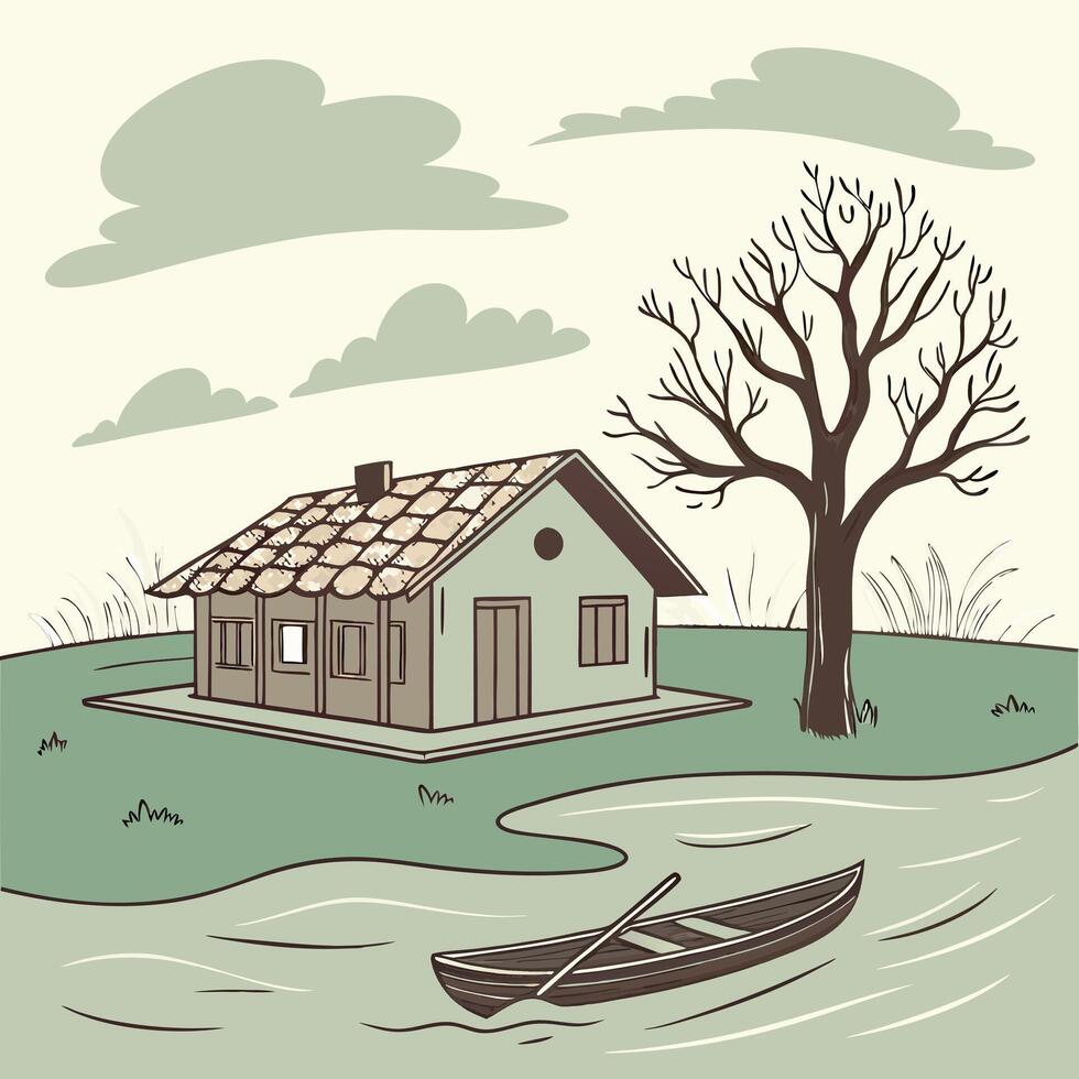 House Boat and Tree Landscape Illustration river vector