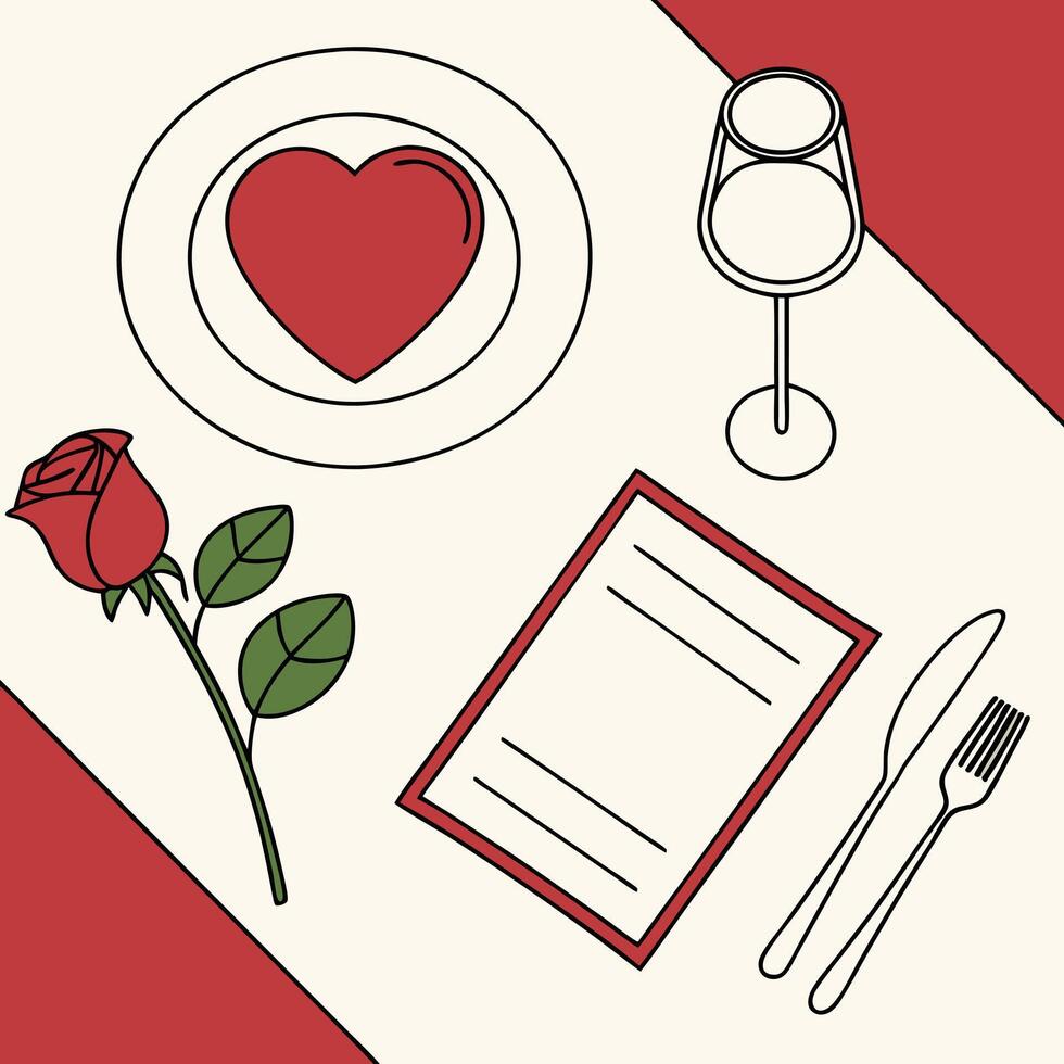 Romantic Dinner Table Setting with Red Heart Plate Rose and Wine Glass vector