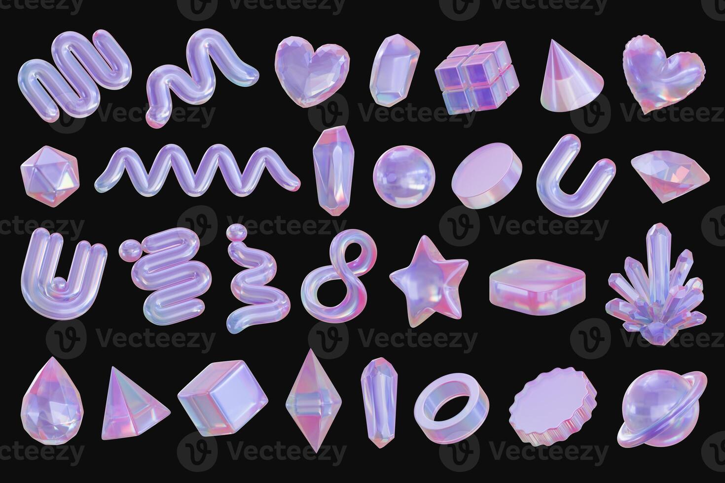 Objects purple holographic decoration set pack isolated background 3d rendering photo