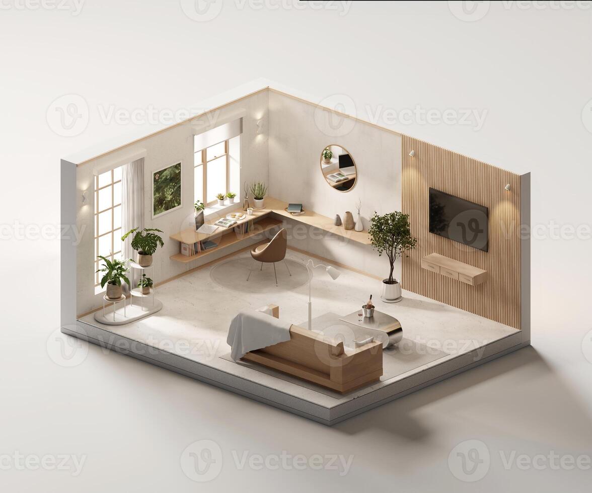 Isometric view living room space cozy style open inside interior architecture 3d rendering photo