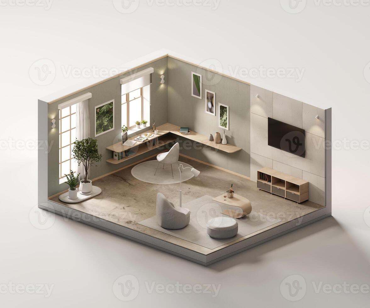 Isometric view living room minimal cozy style open inside interior architecture 3d rendering photo