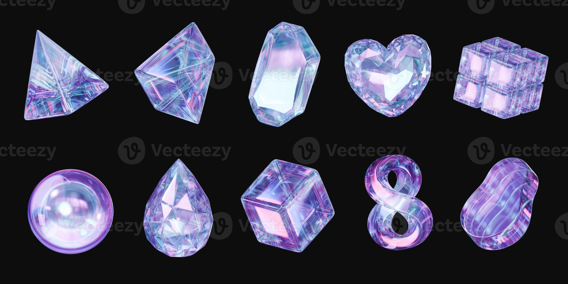 Purple Holographic object element set pack isolated background 3d rendering photo