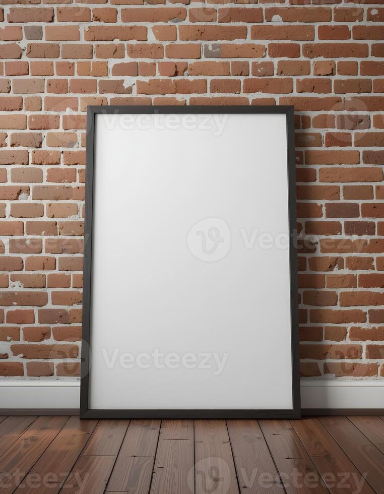 Blank picture frame leaning against exposed red brick wall in modern interior. photo