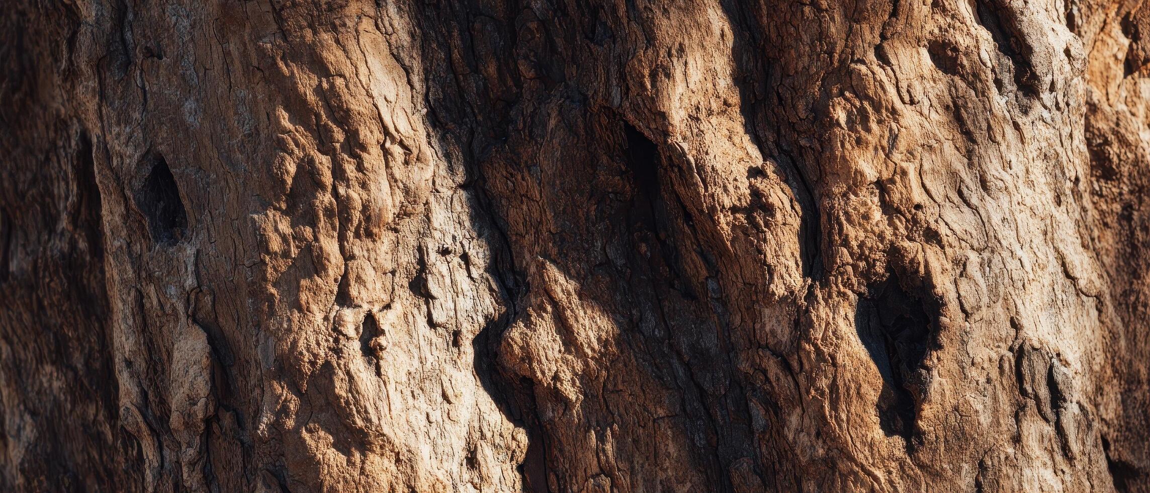 Closeup of sunlit rough tree bark texture in natural environment photo