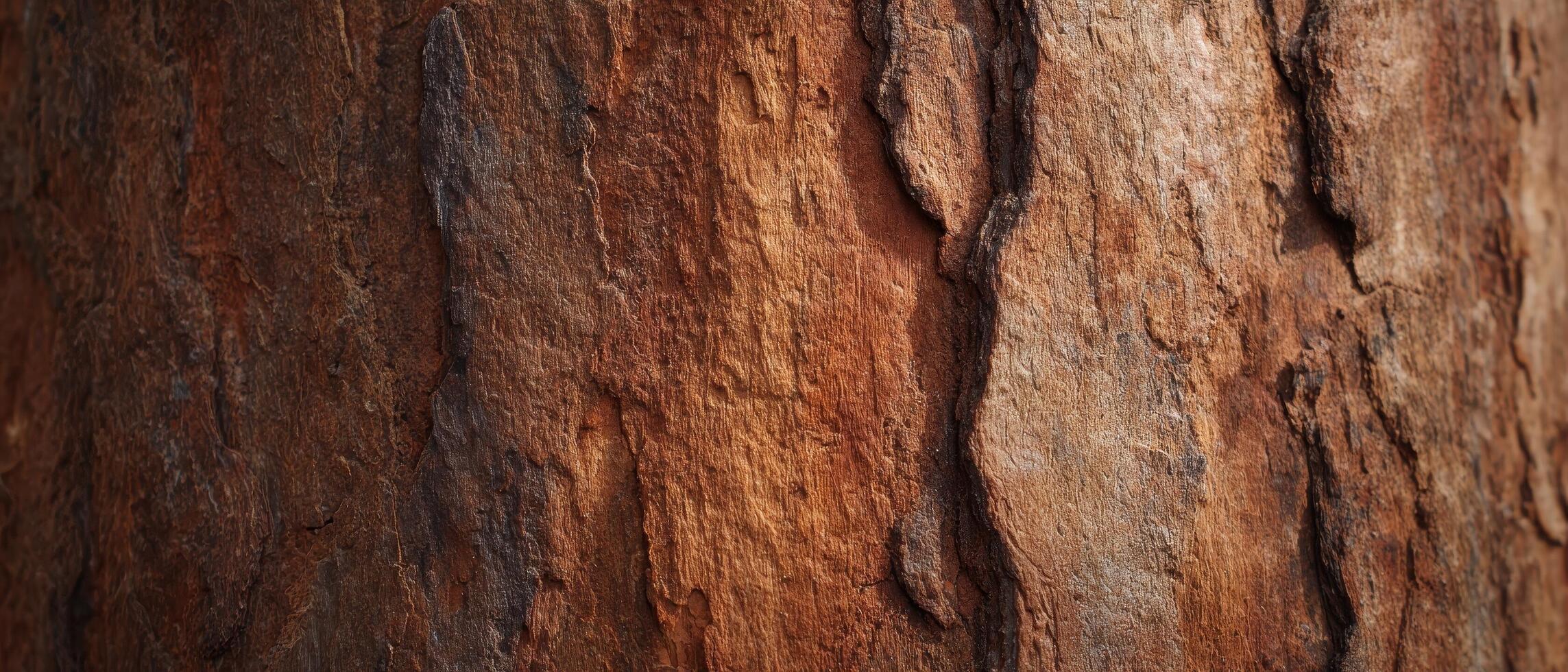 Sunlit closeup of rough tree bark texture in nature forest environment photo