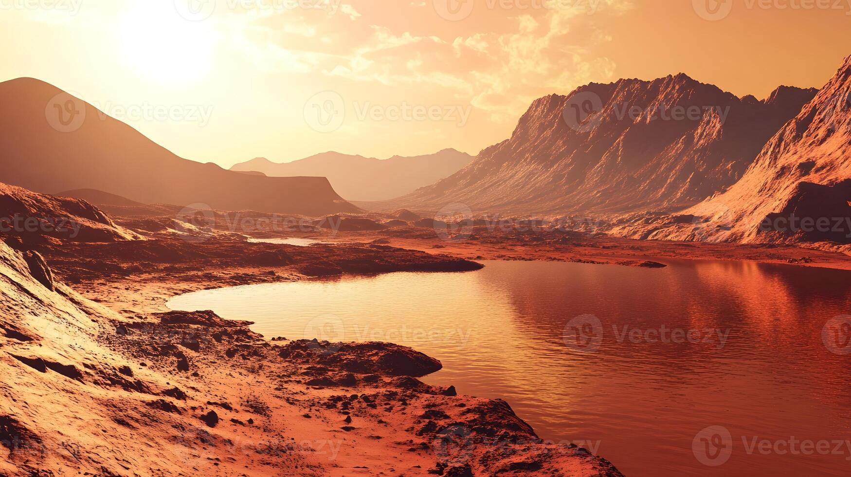 An alien landscape with a river and mountains photo